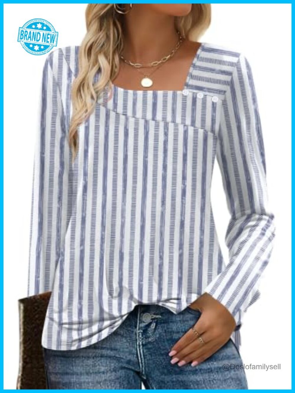 OFEEFAN Women's Long Sleeve Tunic Top Square Neck Striped Buttons Loose Fit